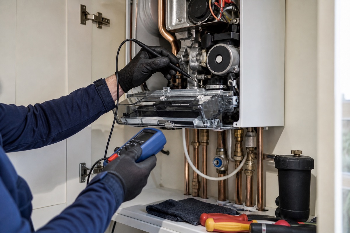 Heating engineer testing a boiler