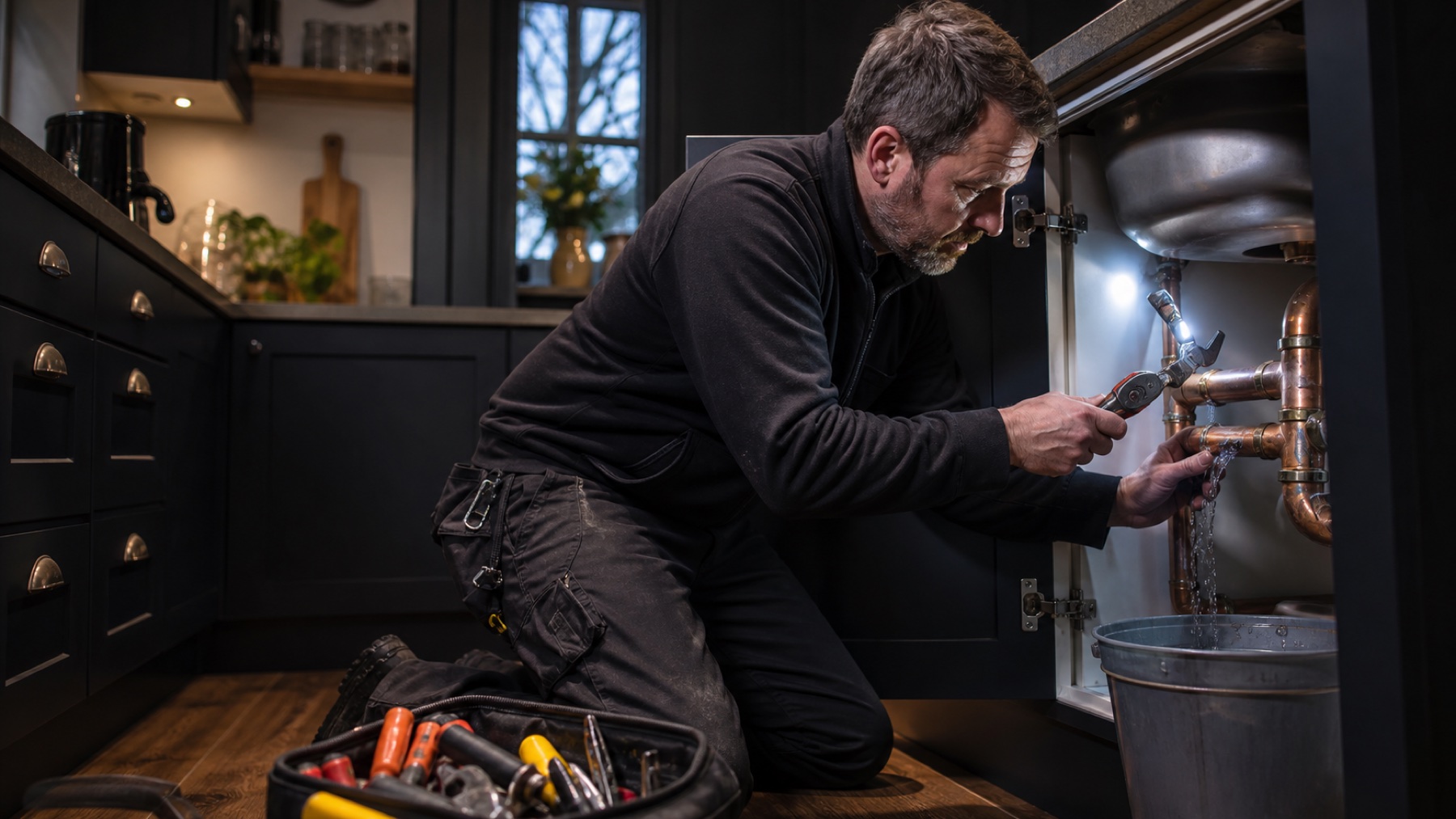 Emergency plumber repairing a leaking pipe under a kitchen sink