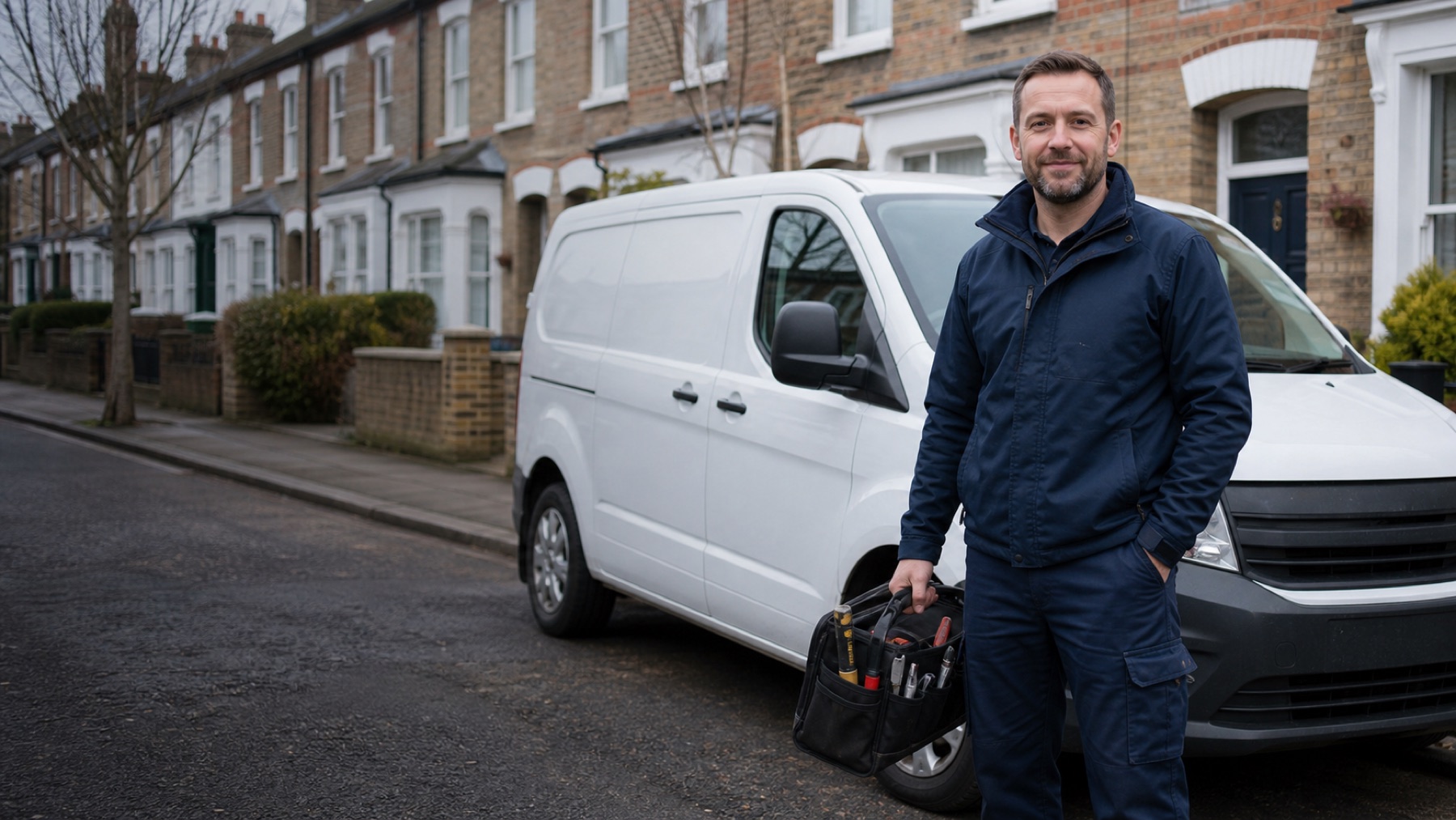 Friendly local plumber beside a van